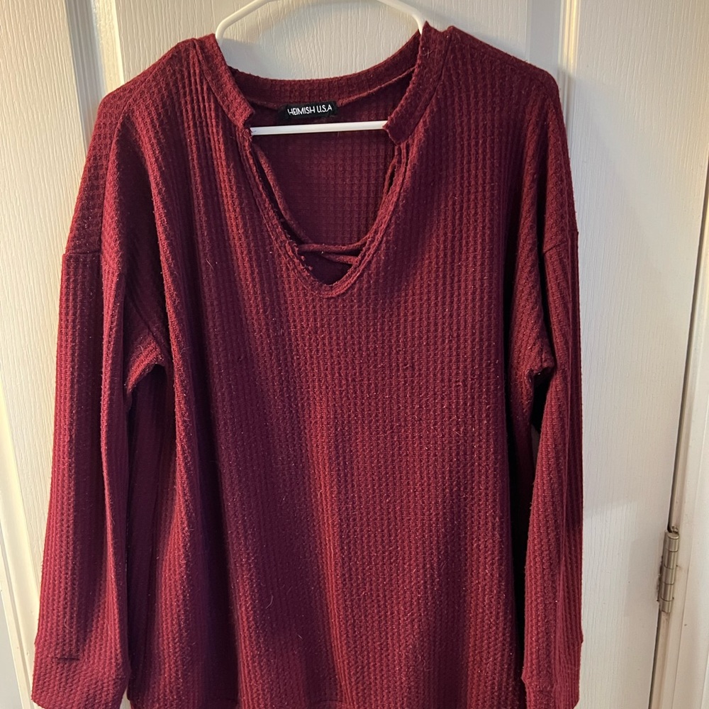 Burgundy sweater with crisscross front